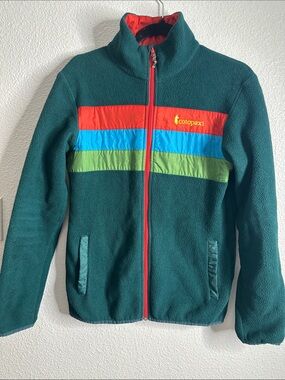 cotopaxi Teal Fleece Jacket with Red, Blue & Green Stripes
